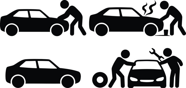 Man fixing flat tire on car step by step illustration
