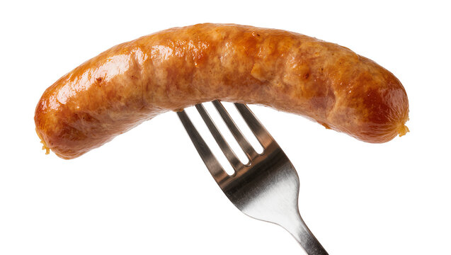 Cooked sausage on metal fork