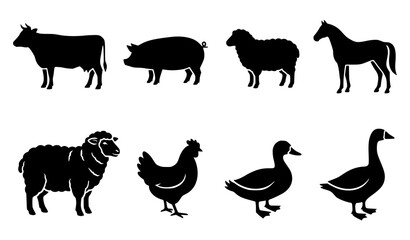 Farm Animal Silhouette Collection Including Cow Pig Sheep Horse And Poultry © Boloram
