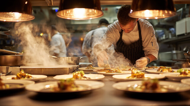A focused chef plates several dishes beneath glowing heat lamps amid rising steam in a busy professional restaurant kitchen during dinner service