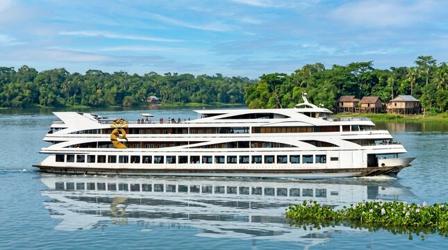 Large white multi deck passenger river cruise ship navigating through calm blue tropical waters during a bright sunny day captured with clear natural lighting in a wide horizontal camera angle