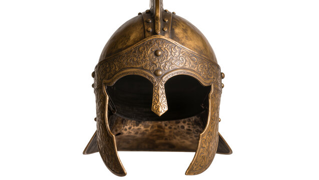 Ornate bronze ancient warrior helmet with decorative engravings