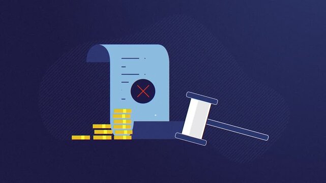 Legal Courtroom Gavel and Law Document with Stack of Gold Coins 2D Animation