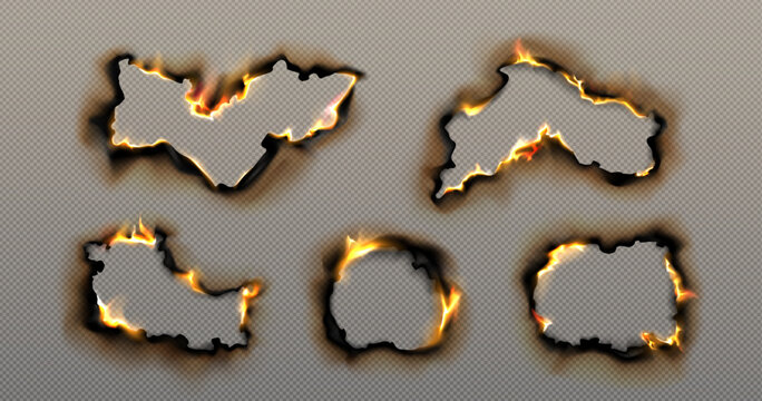 set of realistic effects of burnt and burning paper on a transparent background