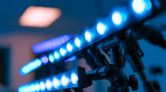 An abstract close up of vibrant blue LED light trails creating a soft energetic bokeh effect in a dark setting