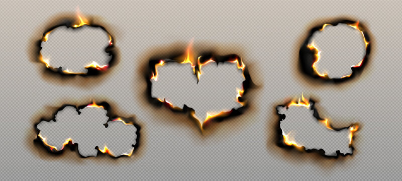 set of realistic effects of burnt and burning paper on a transparent background