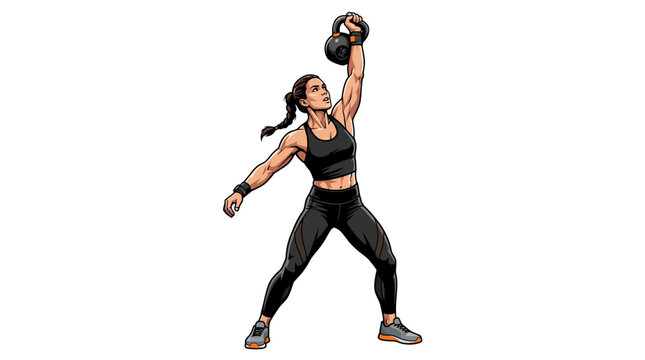 Young woman in black sportswear exercising with a kettlebell in a dynamic stance on a white background.