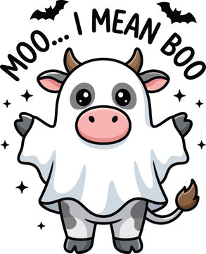 A cartoon cow dressed as a ghost with the text moo i mean boo for halloween
