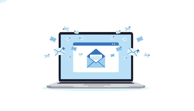 A dynamic vector graphic displays a laptop with a large open email envelope on screen as numerous smaller blue envelopes fly outward in the air.