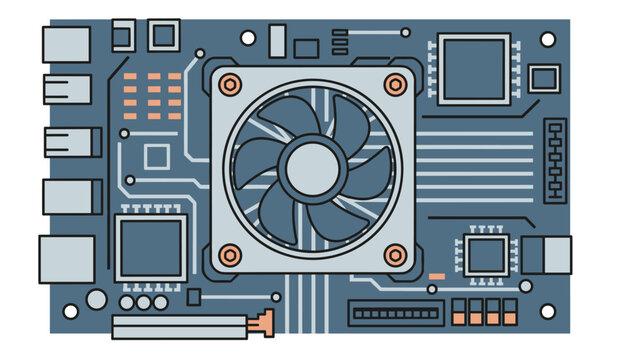 A detailed computer motherboard illustration featuring a large central cooling fan and copper-accented components is depicted on a slate blue background.