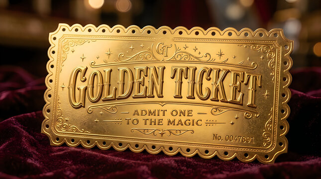 Golden ticket with admit one to the magic text