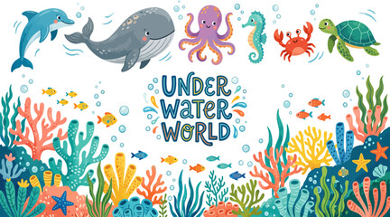 Obraz premium Underwater world background with cute marine animals, ocean plants, and colorful corals.