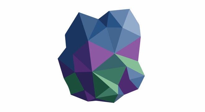 Low-poly geometric shape with shades of blue, purple, and green
