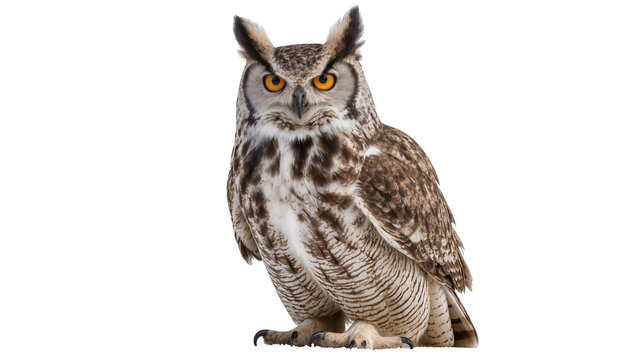 Great Horned Owl with bright orange eyes and ear tufts