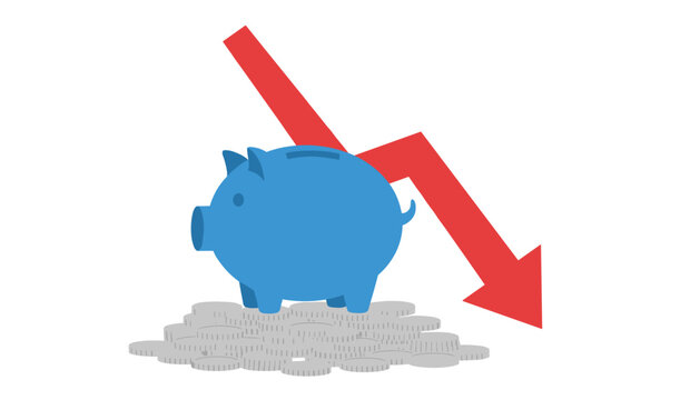 A blue piggy bank stands atop a large pile of silver coins while a bold red arrow points downwards to demonstrate a sharp decrease in total financial value.