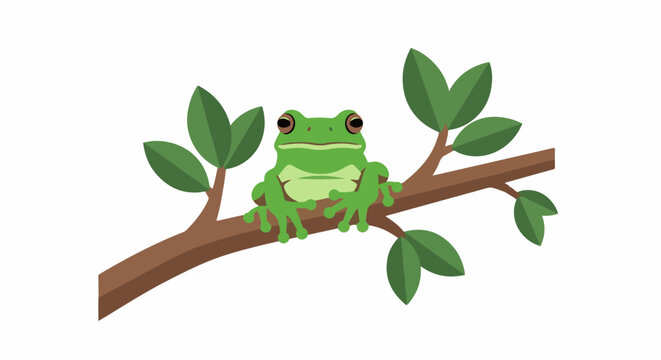 Cute green frog perched on a brown branch with green leaves