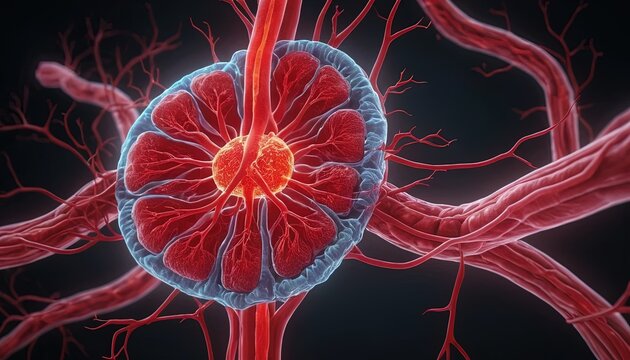 3D Medical Illustration of Human Kidney Glomerulus with Blood Vessels and Nephron Structure