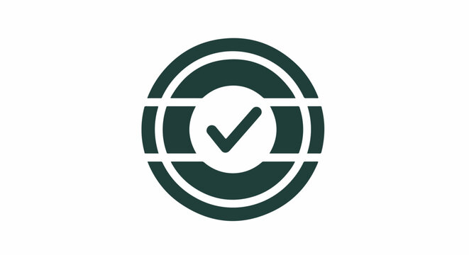 Dark green circle with horizontal bars and a checkmark