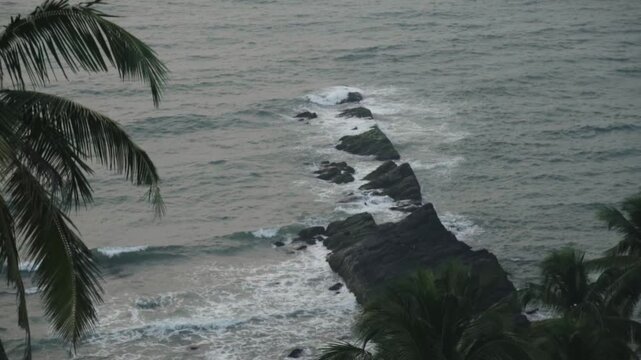 Overcast seascape showing dramatic ocean waves breaking against a jagged rock formation extending into the sea, with tropical palm tree leaves swaying in the foreground on a stormy day