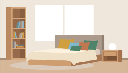 Cozy bedroom with a neatly made bed colorful pillows and a bookshelf bathed in soft daylight from two large © MohiburStock