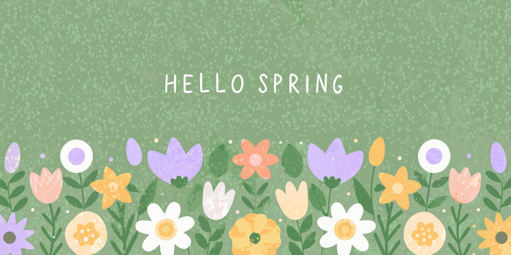 Floral ornament with spring greeting on a speckled green background