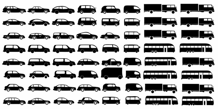 Comprehensive Grid Of Black Vehicle Silhouettes On A White Background