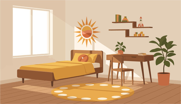 Cozy bedroom with a single bed and desk bathed in warm sunlight during the day
