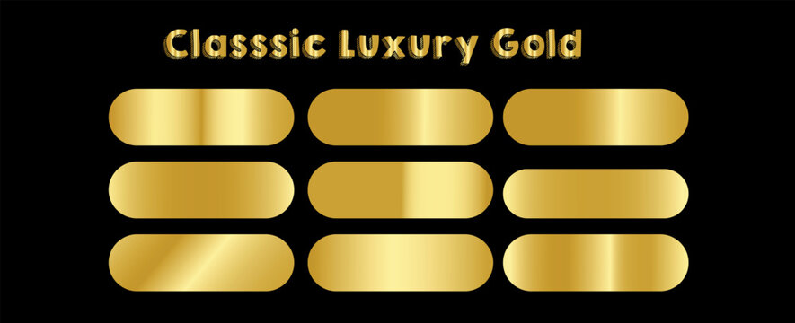Classic luxury gold metallic gradient color palette collection, featuring nine horizontal rounded banners with premium golden swatches isolated on a solid black background.