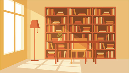 Cozy study room with bookshelves filled with books bathed in warm sunlight from a large window © Fahim
