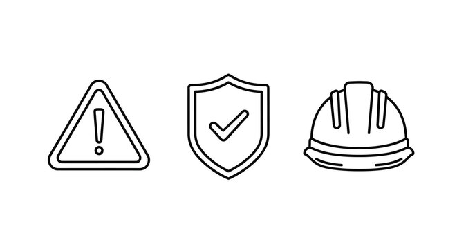 Warning Sign Shield And Hard Hat Line Icons On White Background