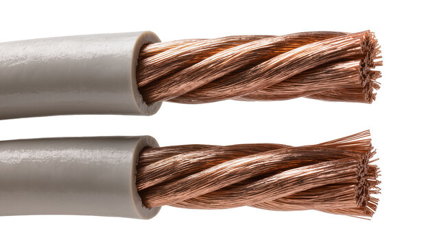 Two thick copper electrical wires with grey insulation