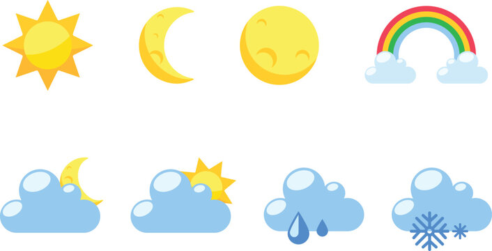 Weather icons set sun moon rainbow clouds with precipitation