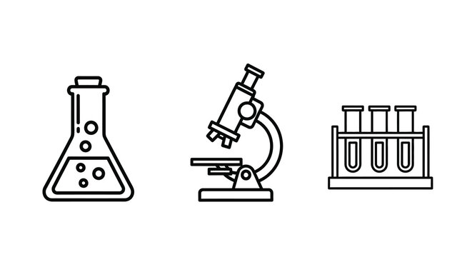 Laboratory Equipment Line Icons Flask Microscope And Test Tube Rack