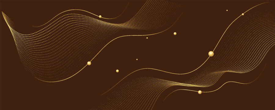 Luxury abstract background featuring elegant golden wavy lines, flowing halftone dot patterns, and shiny gold spheres floating over a dark brown banner canvas.