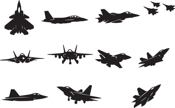 Military Fighter Jet Silhouette Collection - Modern Stealth Aircraft Vector Set with Multiple Angles and Models Including F-22 and F-35 Styles for Aviation Design and Tactical Icons