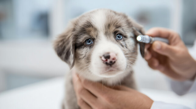 Veterinary hands hold a tiny merle Australian shepherd puppy while shining a penlight near its blue eyes during a gentle health examination