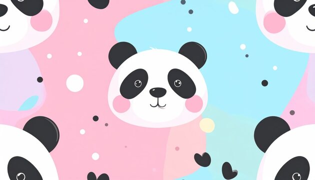 Cute Cartoon Panda Faces Arranged on Pastel Pink and Blue Background