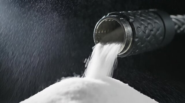 Industrial nozzle dispensing white powder granules on dark background. Automated manufacturing process for chemical processing, material transport and production line