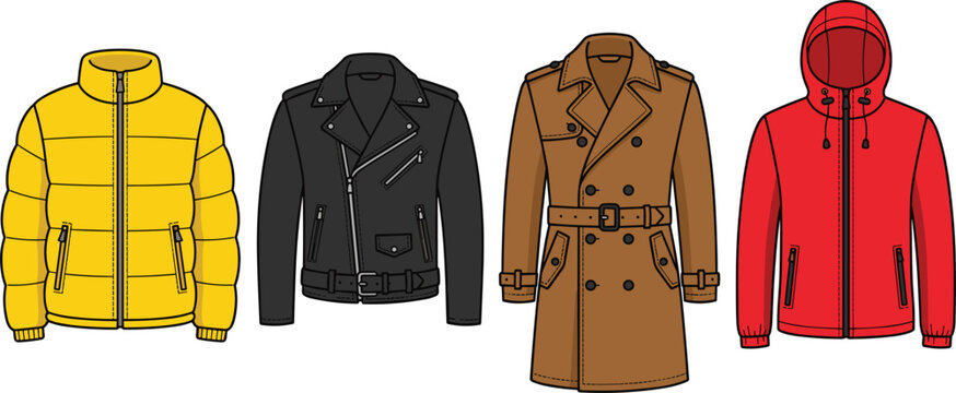 Men and Women Outerwear and Jackets Flat Vector Set Featuring Puffer Jacket Leather Biker Jacket Trench Coat and Hooded Windbreaker