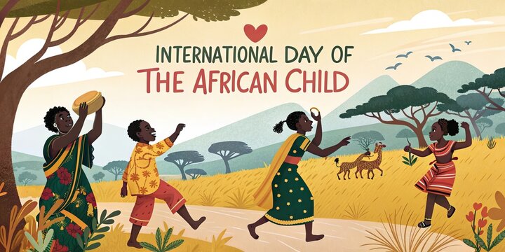 International Day of the African Child celebration with happy children in savanna