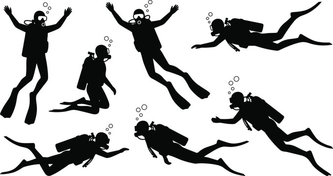 Professional Scuba Diving and Underwater Exploration Vector Icon Set Featuring Black Silhouette Shapes of Divers with Oxygen Tanks and Flippers for Marine Sports LayoutsProfessional Scuba Diving and U