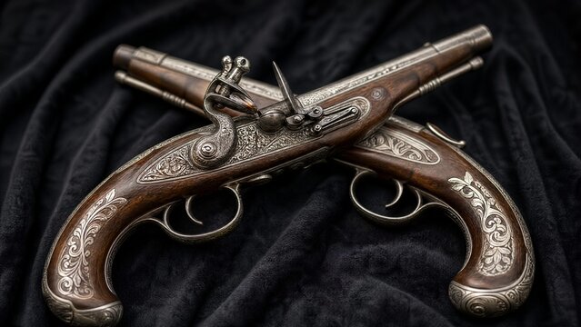 Two antique flintlock pistols crossed with intricate metal inlay.