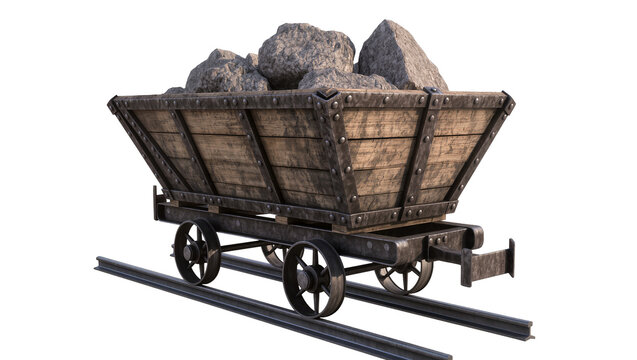 Wooden mine cart filled with rocks on railway tracks