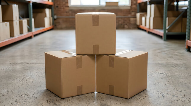 Three brown cardboard boxes stacked in a warehouse