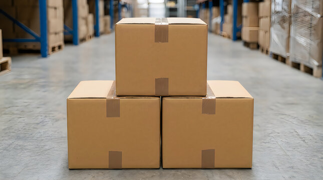 Brown cardboard boxes stacked in a warehouse
