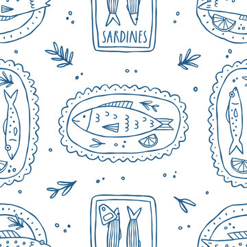 Seamless Mediterranean seafood pattern. Background for packaging, textile, menu