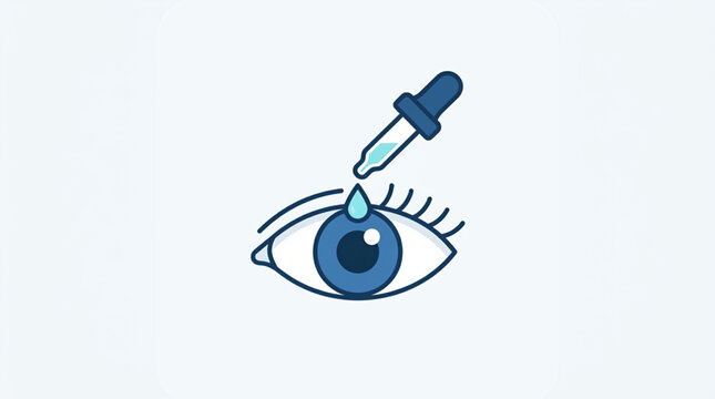 Flat lay illustration of a blue eye receiving a drop from a dropper, conveying a clean and medical concept against a soft blue background