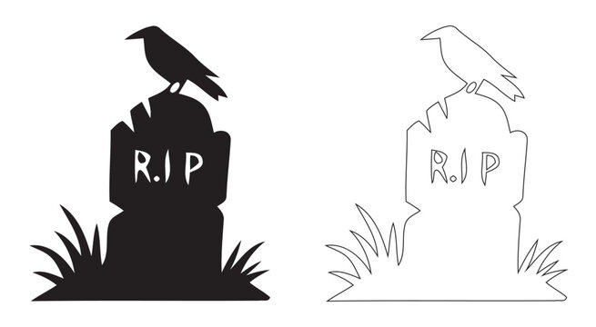 Spooky Halloween Tombstone with Crow Silhouette and Outline Vector Set, Scary Graveyard RIP Headstone and Raven Bird Clip Art Illustration