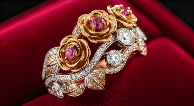 Exquisite rose gold and white gold ring adorned with sparkling diamonds and vibrant rubies, intricately designed as blooming roses and delicate leaves.