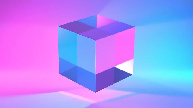 A glowing glass cube floats against a vibrant dual colored background